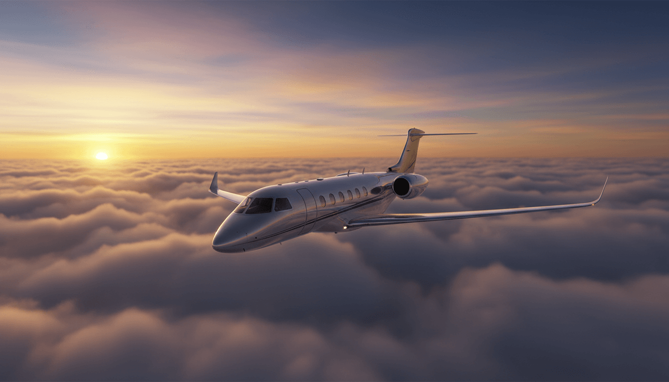 Private jet flying above clouds at sunset