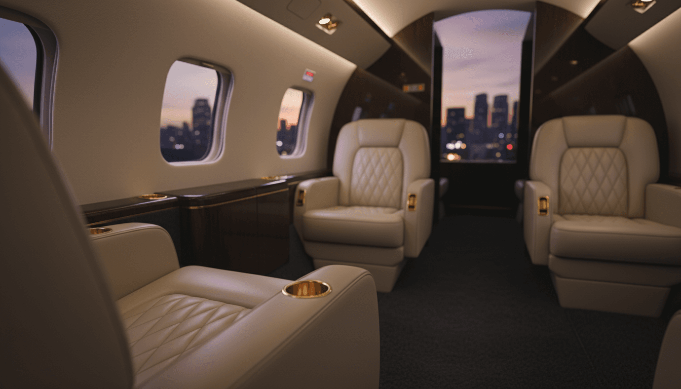 Luxury private jet cabin interior with leather seating and city skyline view