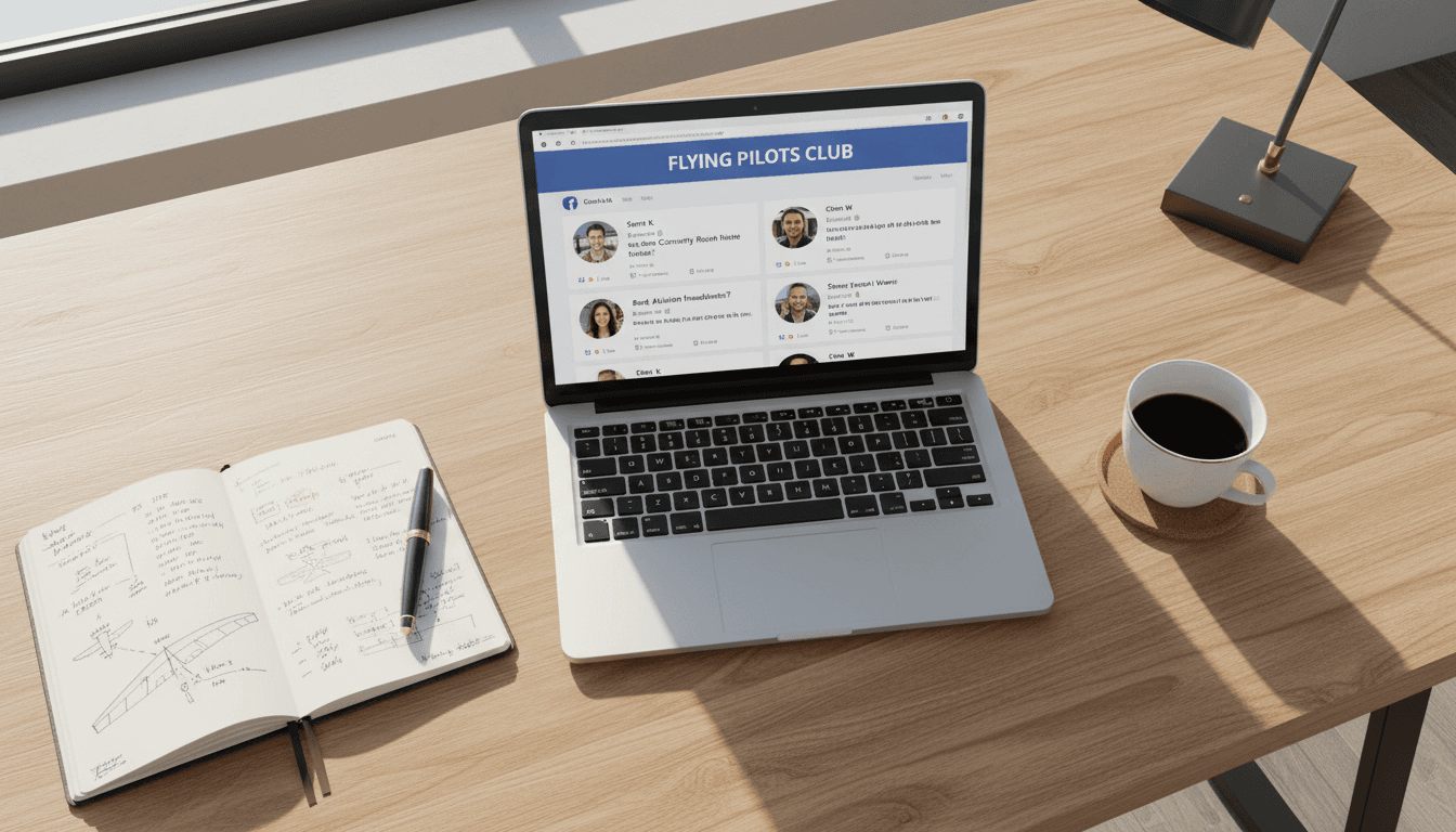 Organized workspace with private aviation community feed on laptop