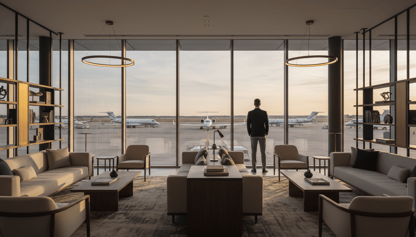 Luxury airport lounge overlooking private jets
