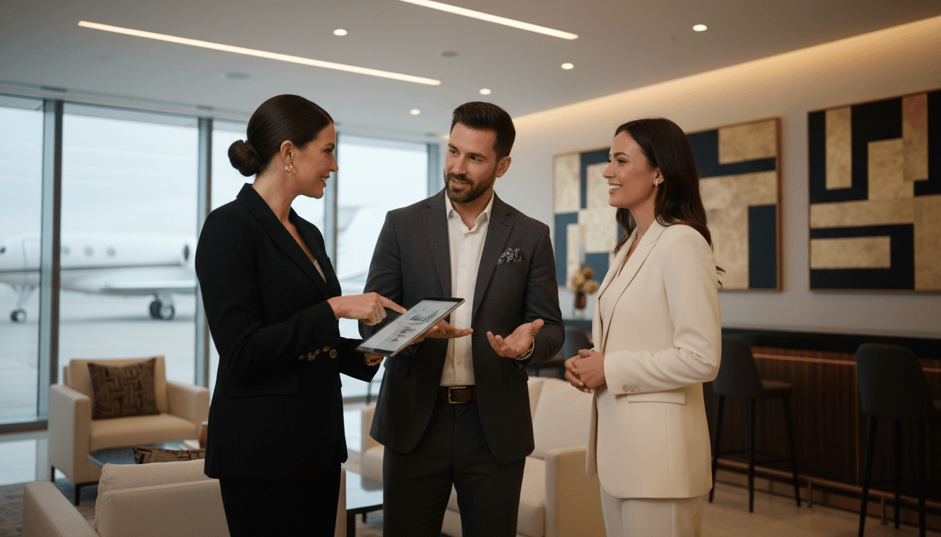 Business professionals networking in private aviation setting