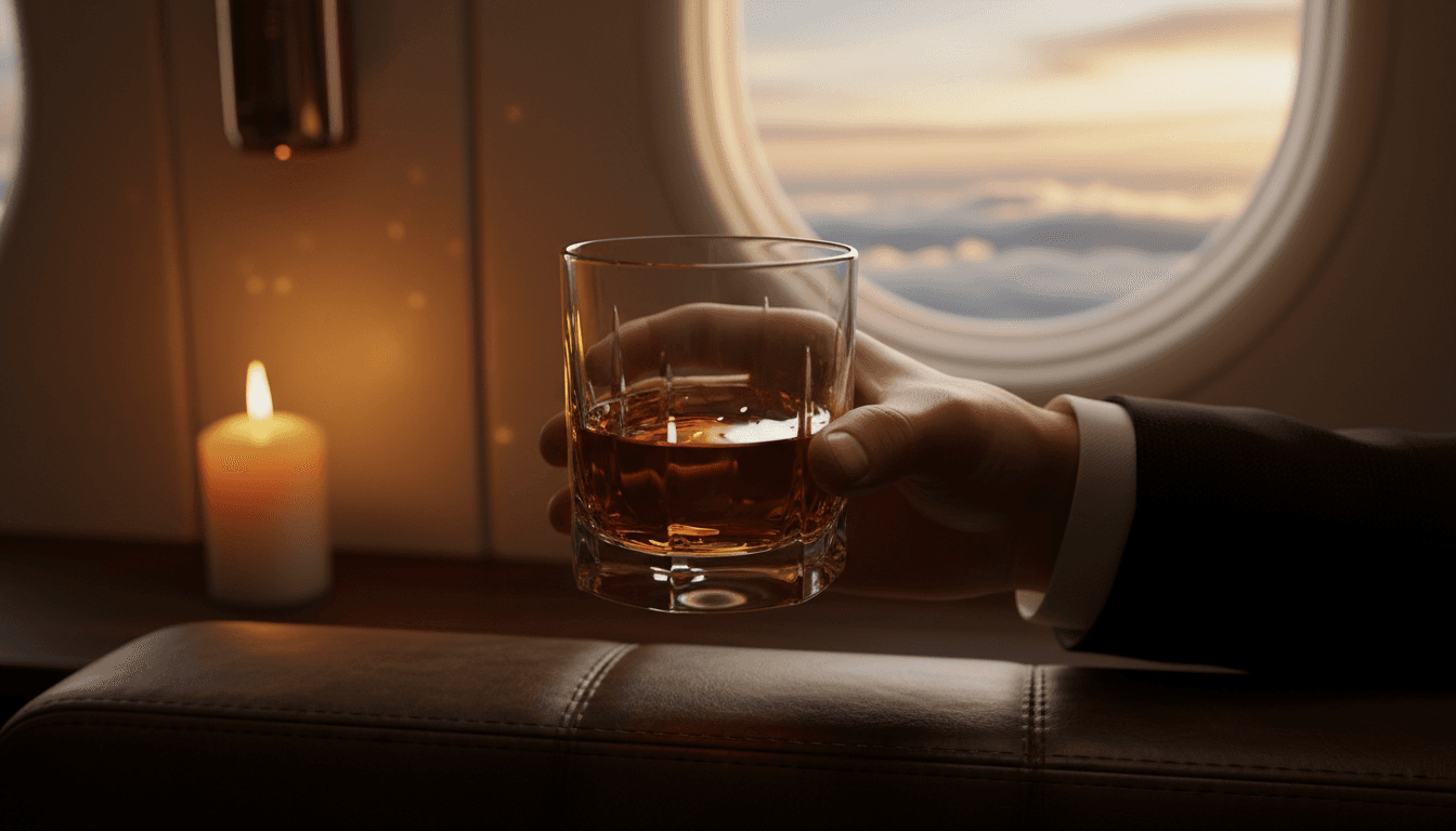 Executive enjoying premium beverage in luxury private jet cabin interior