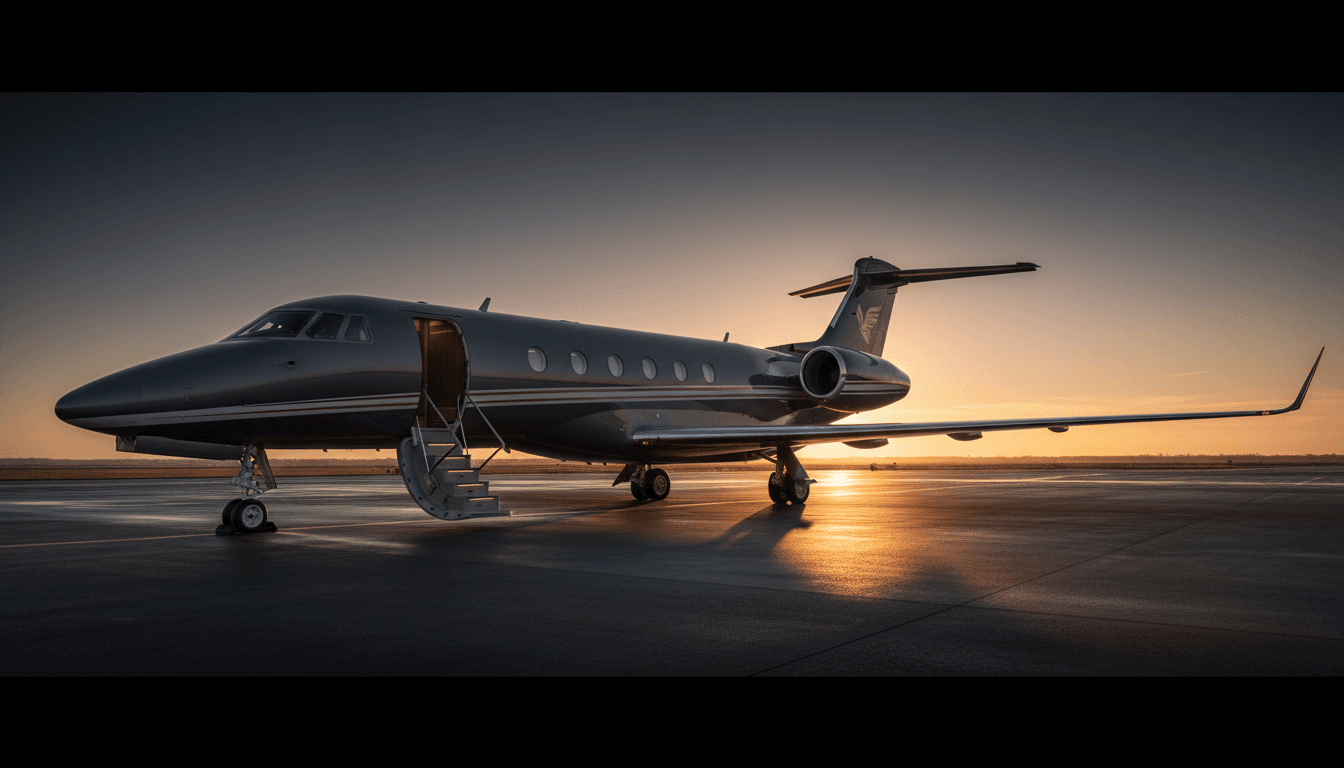 Sleek private jet on tarmac during golden hour with sophisticated lighting