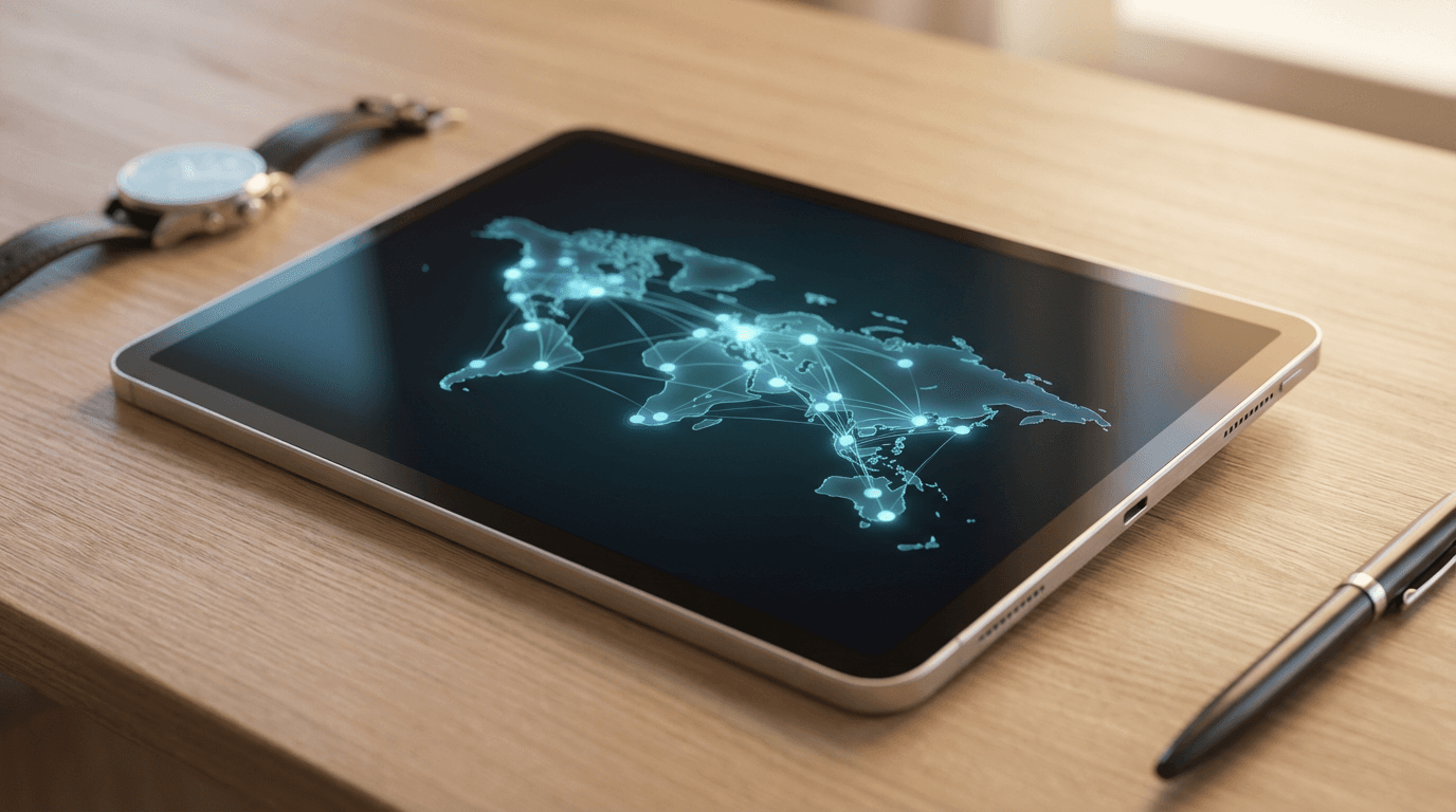 Tablet displaying aviation routes and flight opportunities