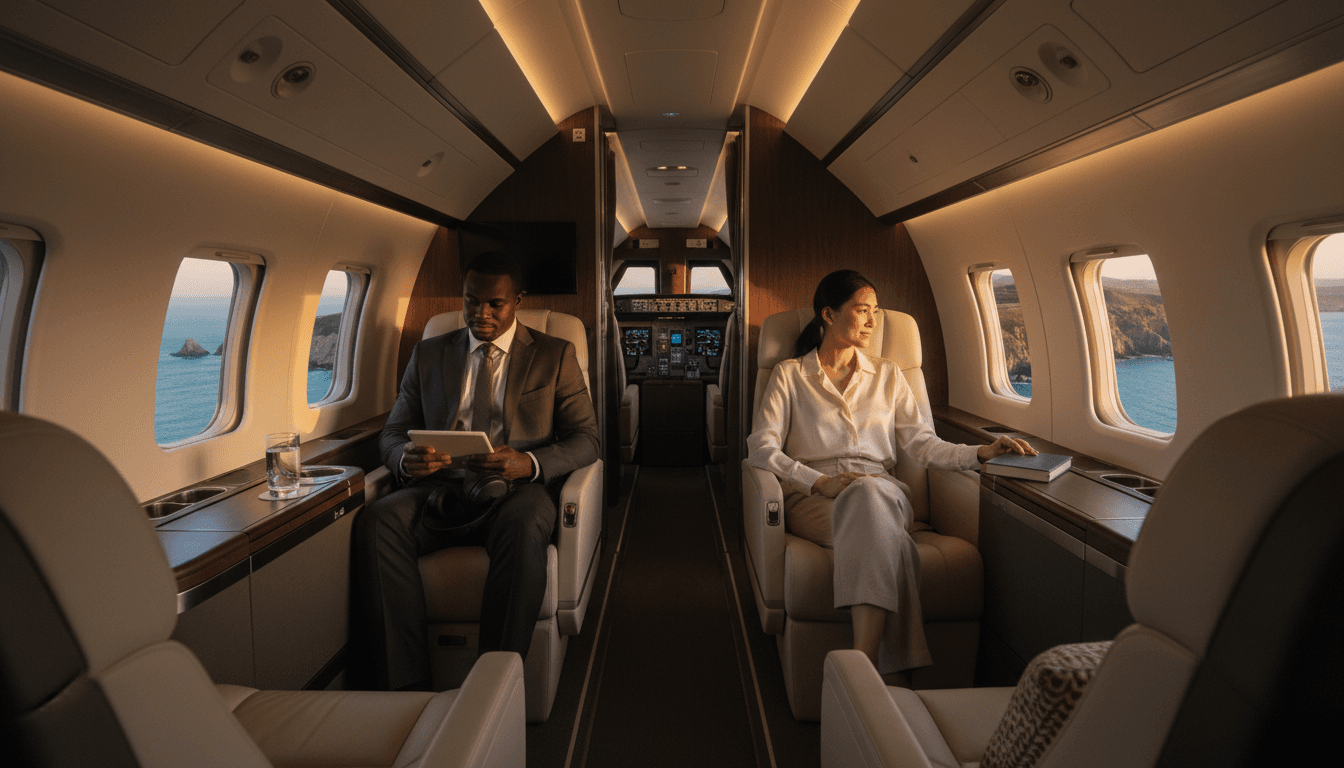 Private jet cabin interior showcasing modern aviation luxury