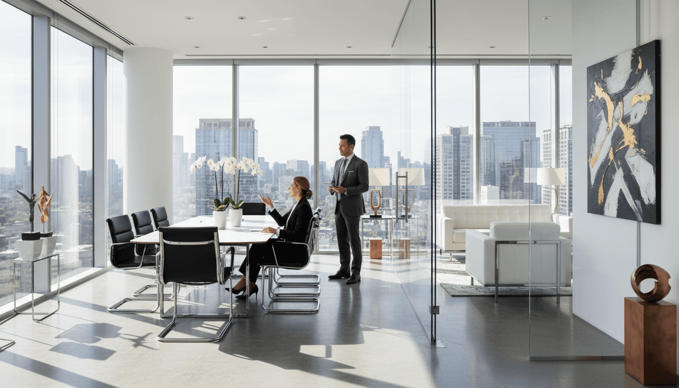 Professional community members networking in luxury lounge setting