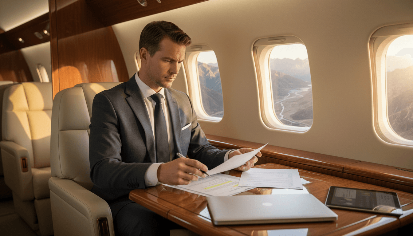 Luxury private jet cabin interior with leather seating and warm golden light